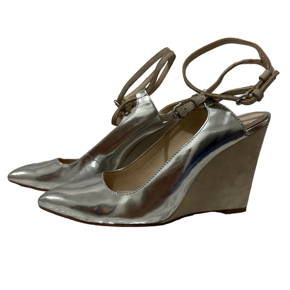Coach OLLIE Womens Shoes Silver Metallic Leather High Wedge Heels Ankle straps